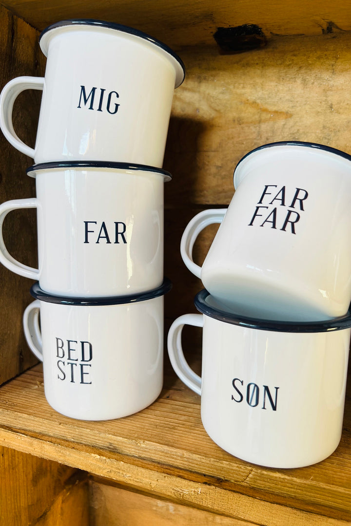 Emaille-becher "Famile" auf Dänisch